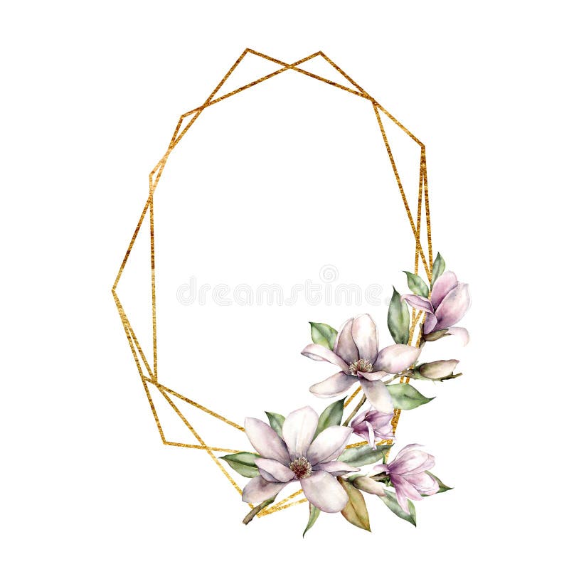 Watercolor polygonal golden frame with magnolia and leaves. Hand painted spring flowers isolated on white background. Floral line art illustration for design, print or background. Watercolor polygonal golden frame with magnolia and leaves. Hand painted spring flowers isolated on white background. Floral line art illustration for design, print or background