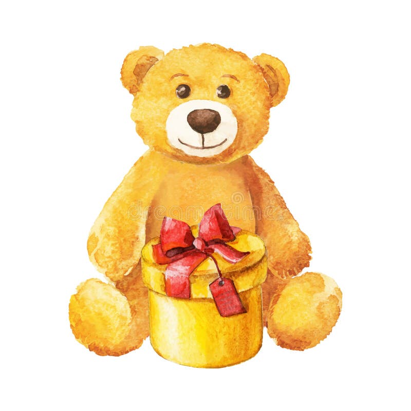 玩具熊坐与一件黄色礼物 水彩