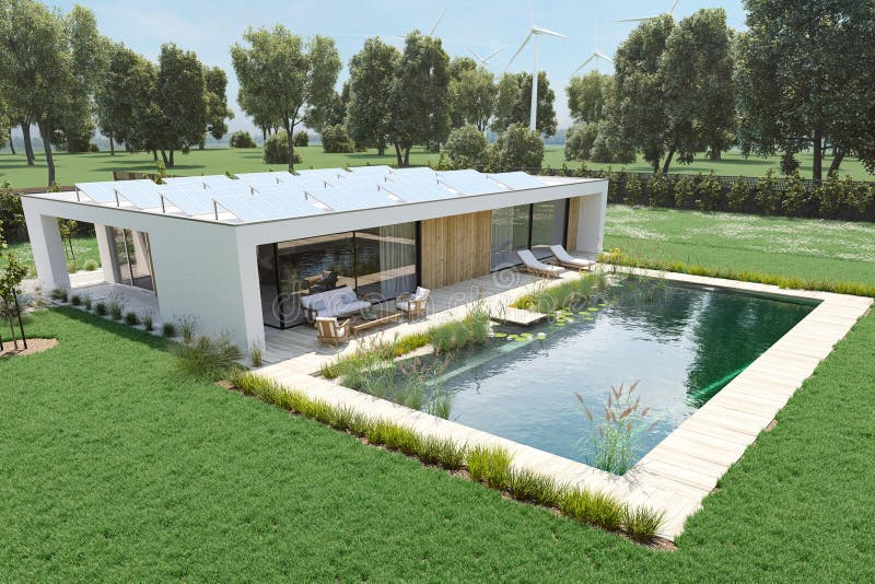 3d rendering. house with an environmental pond pool. 3d rendering. house with an environmental pond pool.