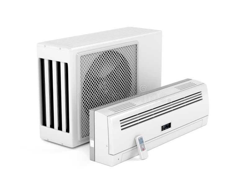 All parts of modern split system air conditioner on white background. All parts of modern split system air conditioner on white background