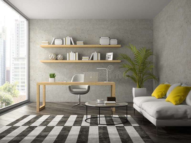 Interior of modern design office with white sofa 3D rendering. Interior of modern design office with white sofa 3D rendering