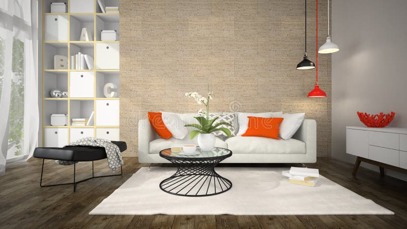 Interior of modern design room with cork wall 3D rendering. Interior of modern design room with cork wall 3D rendering