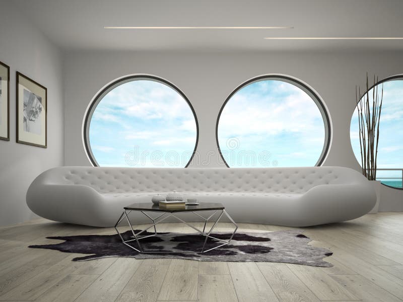 Interior of modern design room with sea view 3D rendering. Interior of modern design room with sea view 3D rendering.