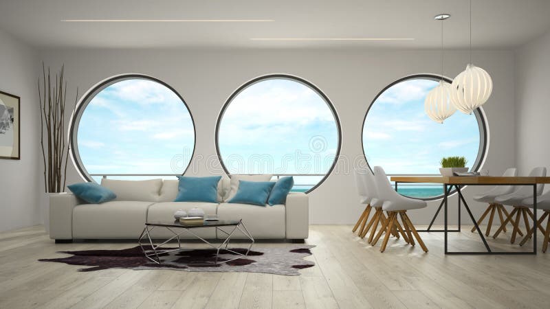 Interior of modern design room with sea view 3D rendering. Interior of modern design room with sea view 3D rendering.