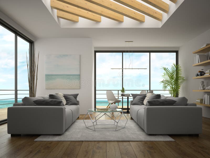 Interior modern design room with sea view 3D rendering. Interior modern design room with sea view 3D rendering