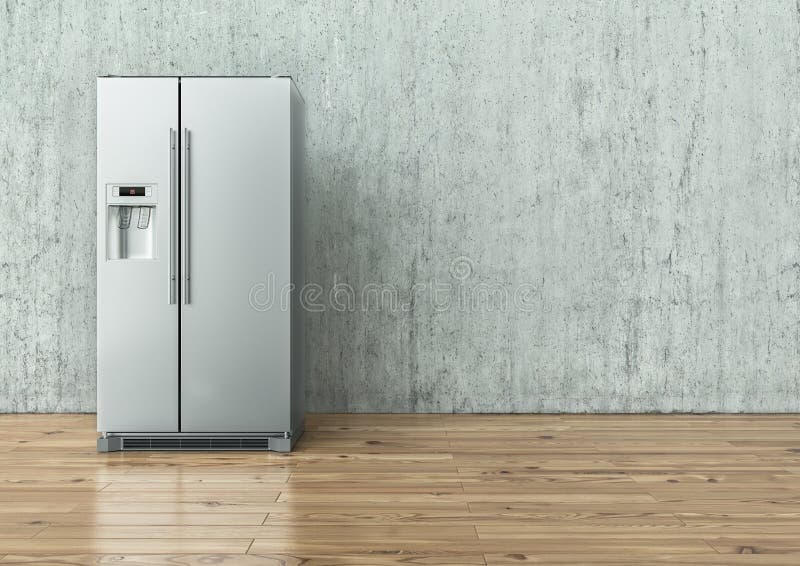 Modern Stainless Steel Refrigerator on a concrete wall and on a wooden floor -- 3D Rendering. Modern Stainless Steel Refrigerator on a concrete wall and on a wooden floor -- 3D Rendering