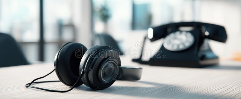 现代办公桌上的黑色耳机和老式电话AI生成图像 免版税库存照片