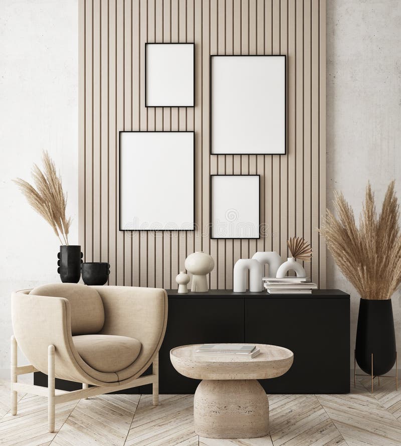 Mock up poster frame in modern interior background  living room  Scandinavian style  3D render. Mock up poster frame in modern interior background  living room  Scandinavian style  3D render