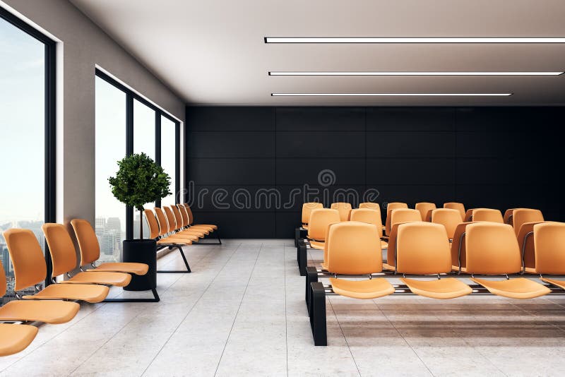 Empty waiting hall area with orange alignment chairs, light floor and city view from window floor-to-ceiling. 3d rendering. Empty waiting hall area with orange alignment chairs, light floor and city view from window floor-to-ceiling. 3d rendering