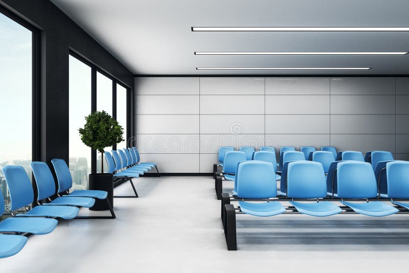 Empty waiting hall area with blue alignment chairs, light floor and city view from window floor-to-ceiling. 3d rendering. Empty waiting hall area with blue alignment chairs, light floor and city view from window floor-to-ceiling. 3d rendering