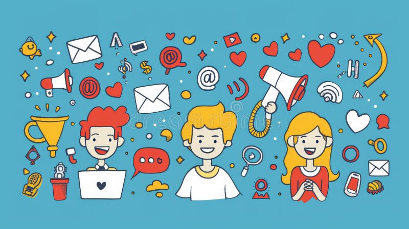 Modern doodle illustration of a man with a laptop, a woman with a megaphone, a sign of email, a magnet, and a heart illustrating social media marketing concept.. AI generated. Modern doodle illustration of a man with a laptop, a woman with a megaphone, a sign of email, a magnet, and a heart illustrating social media marketing concept.. AI generated