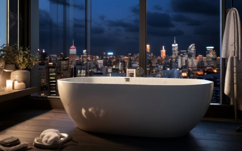 bathroom interior with modern white bowl bathtub cute details and view to the night city through panoramic window AI generated. bathroom interior with modern white bowl bathtub cute details and view to the night city through panoramic window AI generated