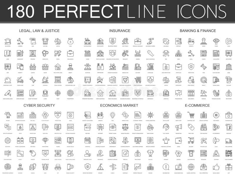 180 modern thin line icons set of legal, law and justice, insurance, banking finance, cyber security, economics market, e commerce isolated. 180 modern thin line icons set of legal, law and justice, insurance, banking finance, cyber security, economics market, e commerce isolated.