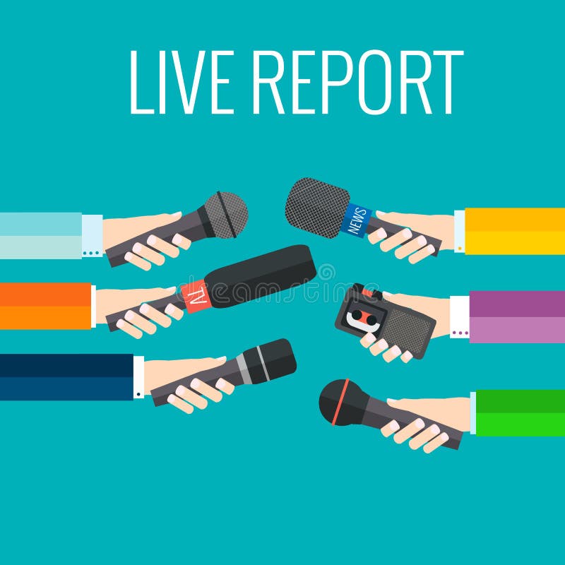 Journalism concept vector - set of hands holding microphones and voice recorders. Live news template. Press illustration. Journalism concept vector - set of hands holding microphones and voice recorders. Live news template. Press illustration.