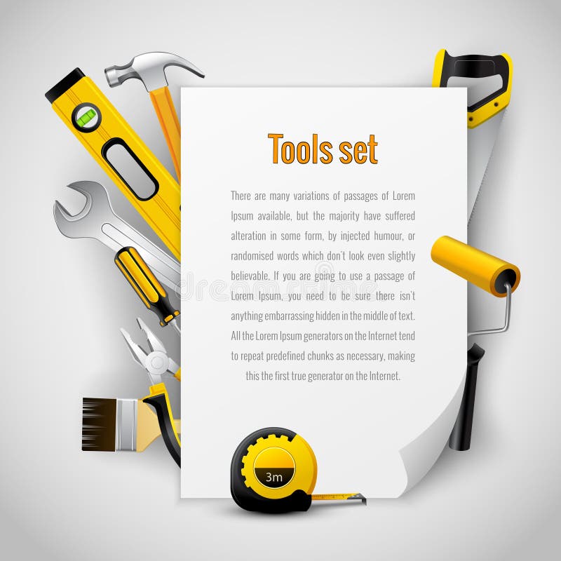 Realistic carpenter tools background frame with hammer saw pliers wrench screwdriver and measuring tape vector illustration. Realistic carpenter tools background frame with hammer saw pliers wrench screwdriver and measuring tape vector illustration