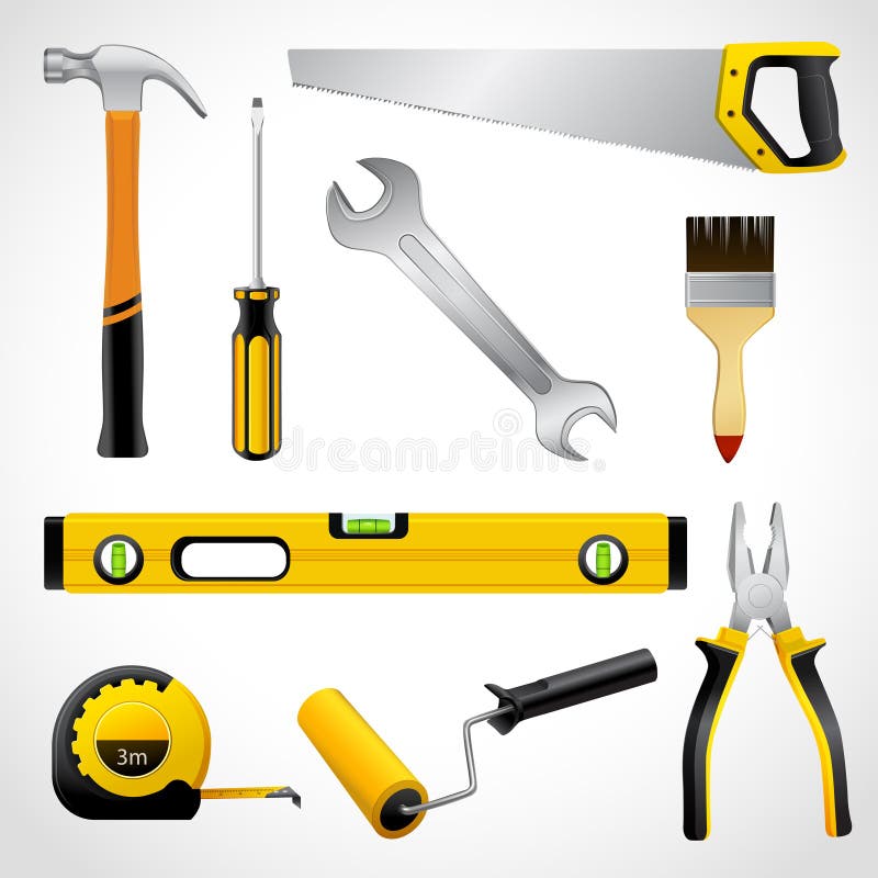 A collection of realistic house maintenance or repair carpenter tools isolated icons set of hammer saw pliers and wrench vector illustration. A collection of realistic house maintenance or repair carpenter tools isolated icons set of hammer saw pliers and wrench vector illustration