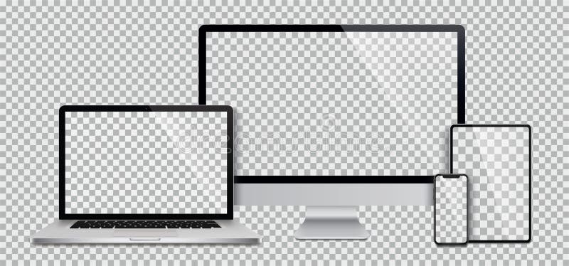 现实的显示器、笔记本电脑、平板电脑和智能手机套装 - 库存矢量图 向量例证