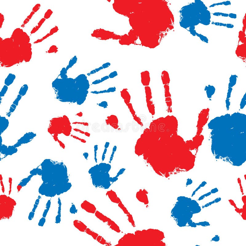 Grunge hand prints in red and blue seamless pattern background. Grunge hand prints in red and blue seamless pattern background