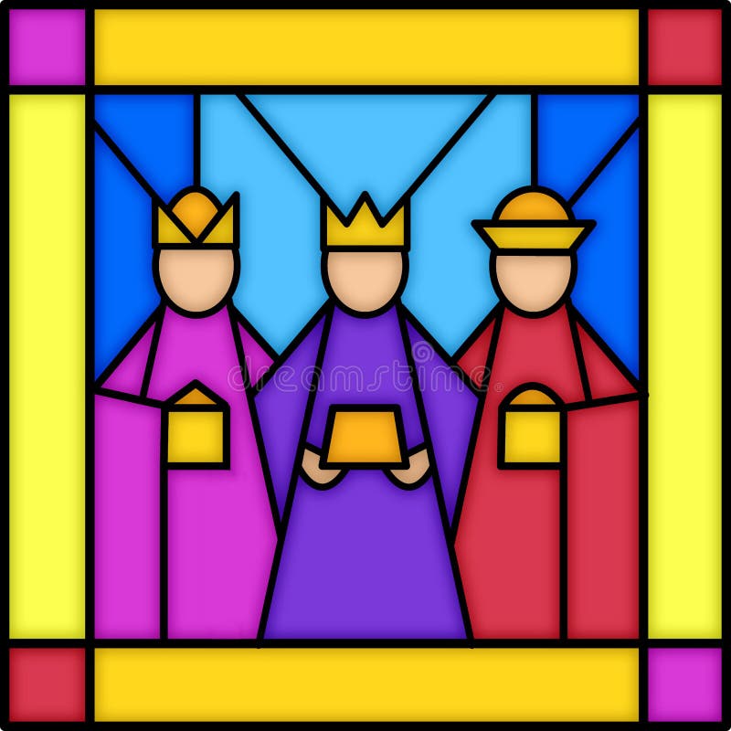 Illustration of a square stained glass panel with three kings...see matching panels in my portfolio...nativity, shepherds and angel. Illustration of a square stained glass panel with three kings...see matching panels in my portfolio...nativity, shepherds and angel