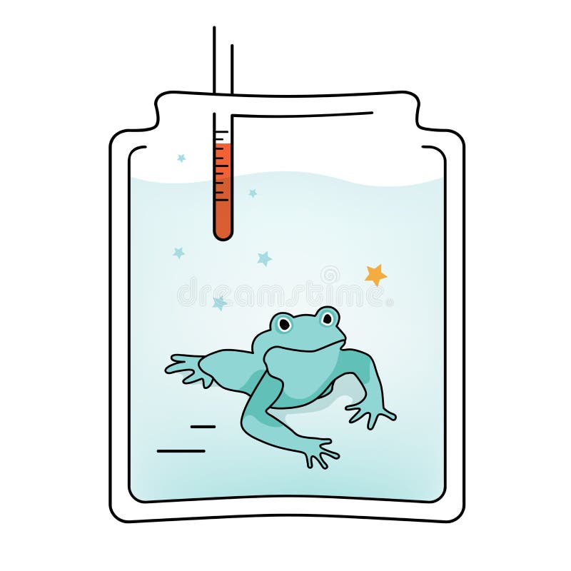 Illustration Boiling Frog in a glass jar effect, gradually slowly ebullience water, psychological metaphoric concept of long suffering syndrome. Illustration Boiling Frog in a glass jar effect, gradually slowly ebullience water, psychological metaphoric concept of long suffering syndrome