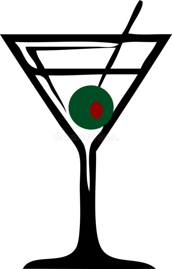 An illustrated martini glass with olive, isolated on a white background. An illustrated martini glass with olive, isolated on a white background.