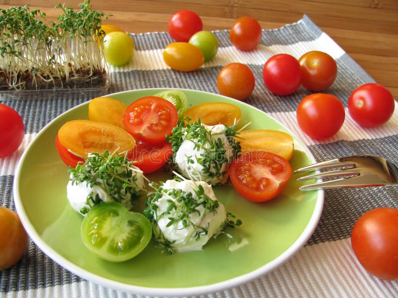 Cream cheese balls with cress and colored wild growing tomatoes. Cream cheese balls with cress and colored wild growing tomatoes
