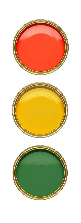 three tins of red amber and green paint resembling traffic lights. three tins of red amber and green paint resembling traffic lights