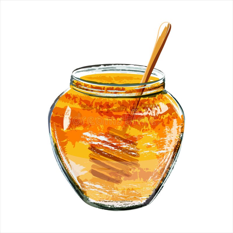 Glass jar of honey with wooden dipper. Watercolor scetch. Vector. Glass jar of honey with wooden dipper. Watercolor scetch. Vector