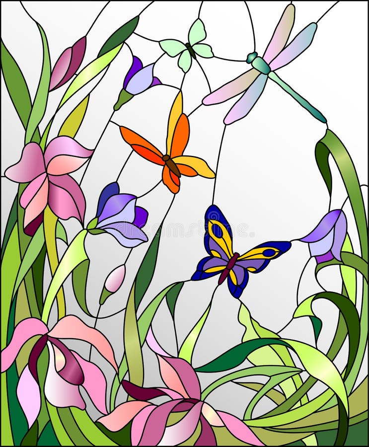 Stained glass window with flowers and butterflies. Stained glass window with flowers and butterflies