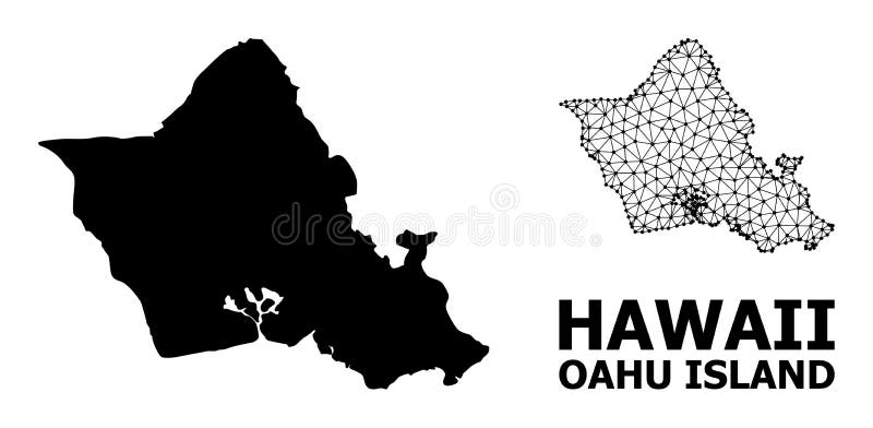 Solid and mesh vector map of Oahu Island. Wire carcass 2D triangular mesh in vector format, geographic models for economics illustrations. Illustrations are isolated on a white background. Solid and mesh vector map of Oahu Island. Wire carcass 2D triangular mesh in vector format, geographic models for economics illustrations. Illustrations are isolated on a white background.