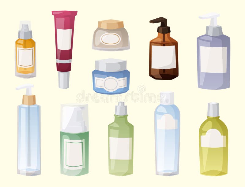 Group of bottles of cosmetic cosmetology makeup beauty supplies and cream container plastic detergent liquid domestic fluid bottle lotion pack vector illustration. Group of bottles of cosmetic cosmetology makeup beauty supplies and cream container plastic detergent liquid domestic fluid bottle lotion pack vector illustration.