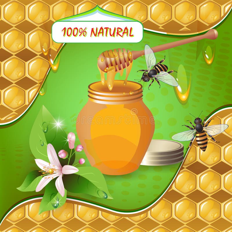 Jar of honey with wooden dipper, bees, flower over background with honeycombs and drops. Jar of honey with wooden dipper, bees, flower over background with honeycombs and drops