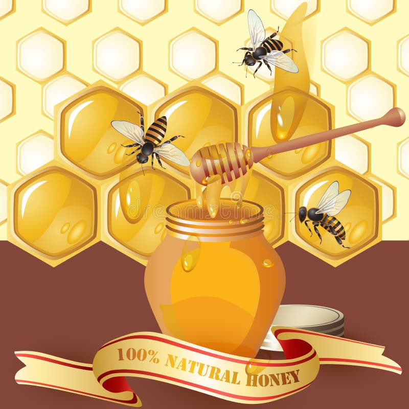 Jar of honey with wooden dipper, bees and ribbon over background with honeycombs and drops. Jar of honey with wooden dipper, bees and ribbon over background with honeycombs and drops