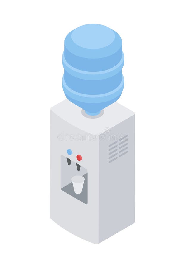 Office water cooler machine with bottle isometric vector illustration. Electronic device clear liquid beverage filtration cool and hot mineral beverage at work public place. Cooling drink dispenser. Office water cooler machine with bottle isometric vector illustration. Electronic device clear liquid beverage filtration cool and hot mineral beverage at work public place. Cooling drink dispenser