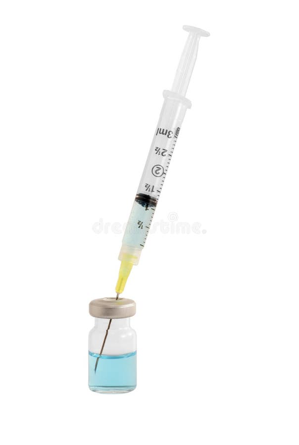 A medical syringe drawing up fluid from a bottle. Isolated on white background. A medical syringe drawing up fluid from a bottle. Isolated on white background.