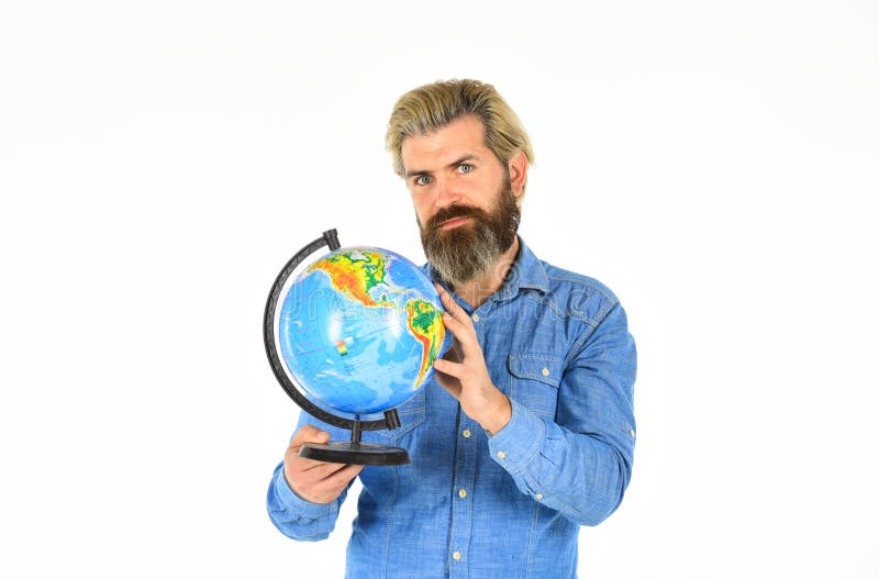 生态运动 地理教师 地球球 选择下一个目标点 旅行与旅游欲 — 留胡子的地球人 免版税图库摄影 生态运动 地理教师 地球球 选择下一个目标点 旅行与旅游欲 — 留胡子的地球人 免版税图库摄影