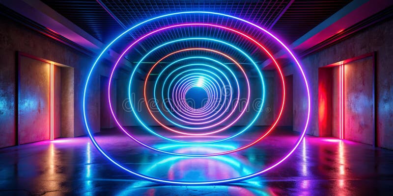 生成具有发光光的3D渲染未来背景AI的抽象霓虹隧道 库存图片
