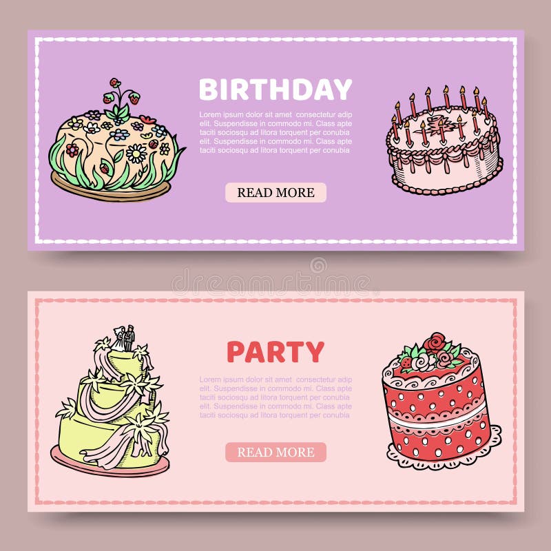 生日宴会或结婚纪念日传染媒介套与生日蛋糕的横幅在百合和玫瑰背景 重糖重油蛋糕 向量例证 生日宴会或结婚纪念日传染媒介套与生日蛋糕的横幅在百合和玫瑰背景 重糖重油蛋糕 向量例证