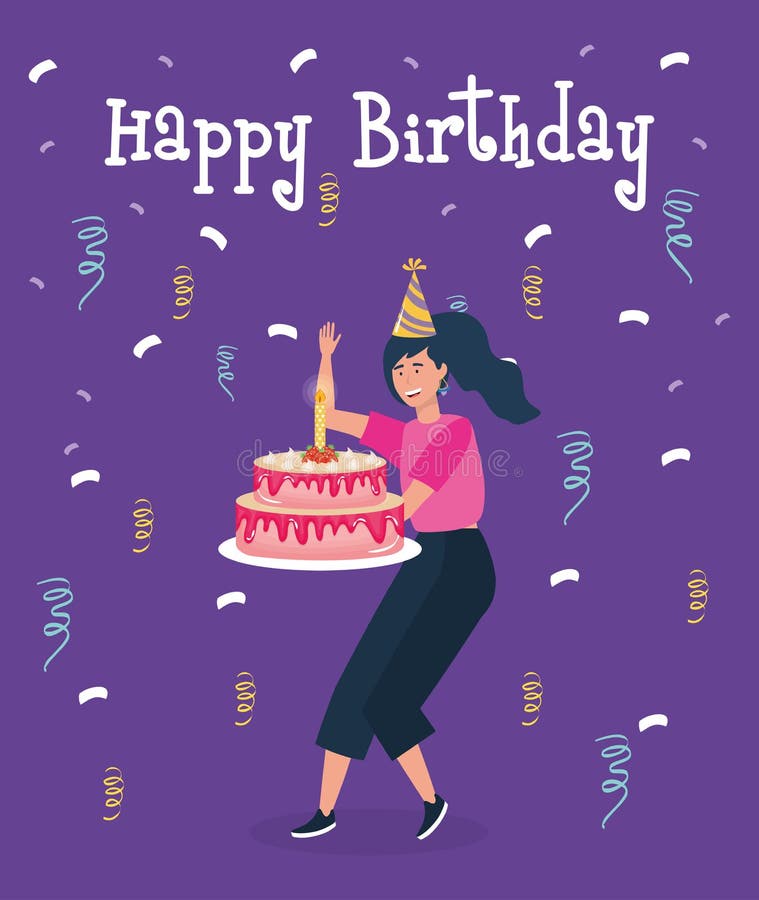 生日快乐,有蛋糕和烛光纸屑的女人庆祝派对活动装饰 库存例证 生日快乐,有蛋糕和烛光纸屑的女人庆祝派对活动装饰 库存例证