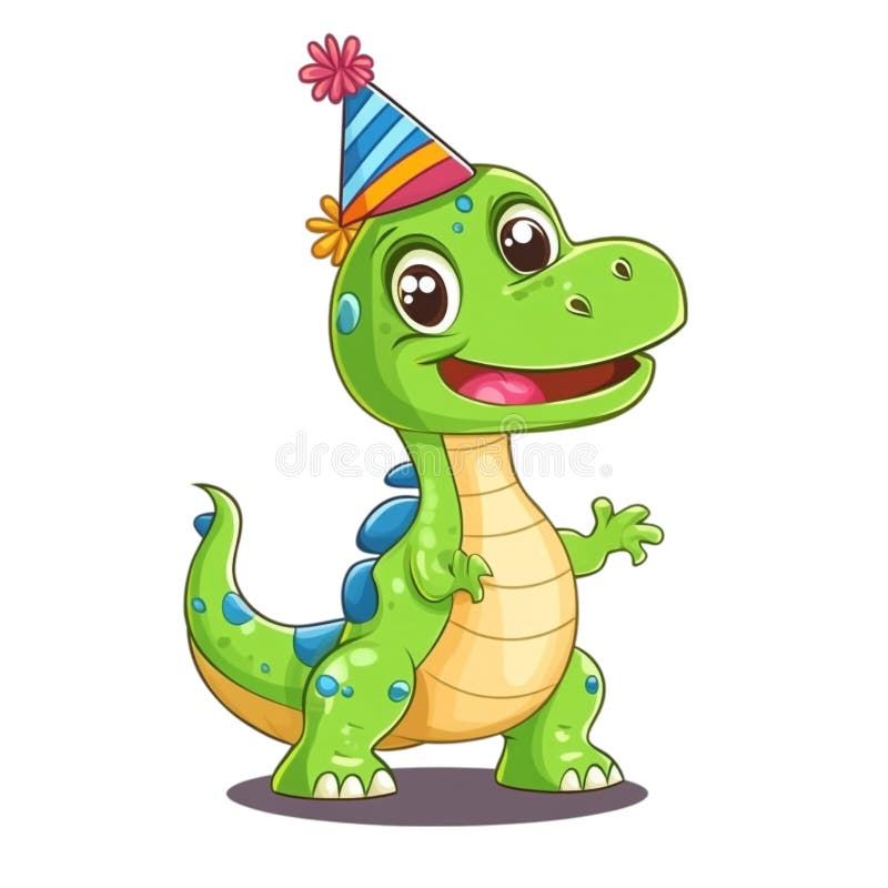 生日快乐的恐龙戴着一顶派对帽可爱的卡通插图 图库摄影