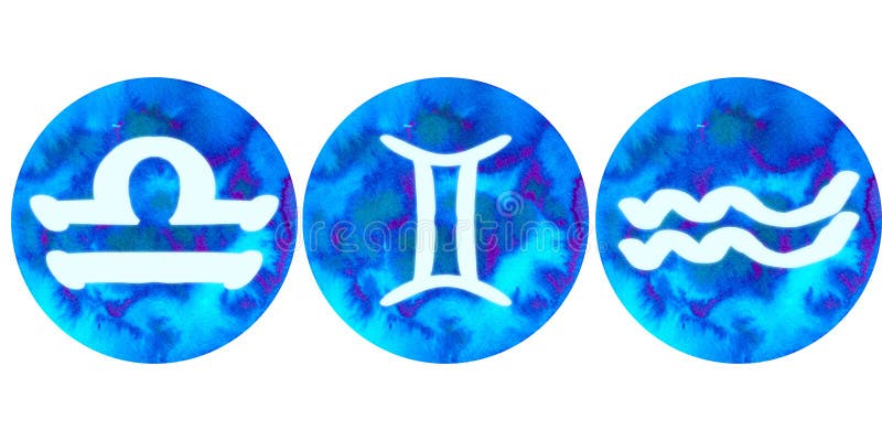 生肖水彩的空气元素 : 双子座天秤座. 星形符号的蓝手绘模板集 库存图片