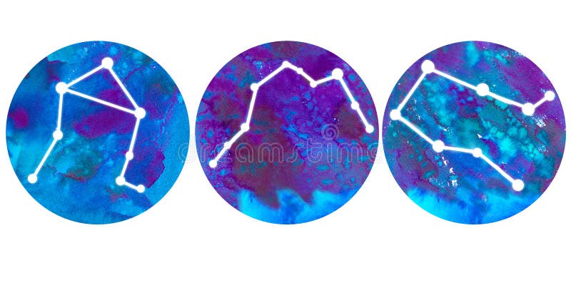 生肖水彩的空气元素 : 双子座天秤座. 星形符号的蓝手绘模板集 免版税图库摄影