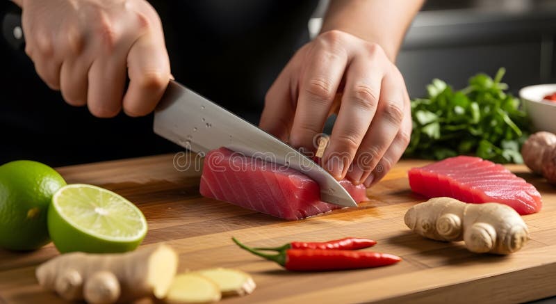 生金枪鱼生鱼片的专家厨师 皇族释放例证