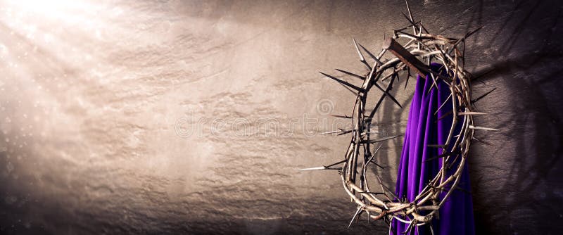 Crown Of Thorns And Purple Robe Hanging On Nail In Stone Wall With Light Rays
 - Crucifixion Of Jesus Christ. Crown Of Thorns And Purple Robe Hanging On Nail In Stone Wall With Light Rays
 - Crucifixion Of Jesus Christ