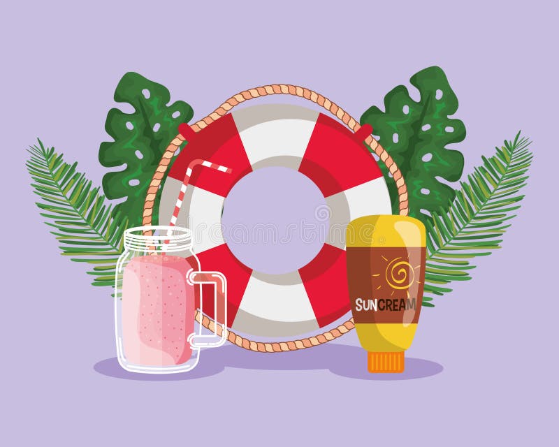 float with smoothie beverage and suncream with leaves plants to summer time vector illustration. float with smoothie beverage and suncream with leaves plants to summer time vector illustration