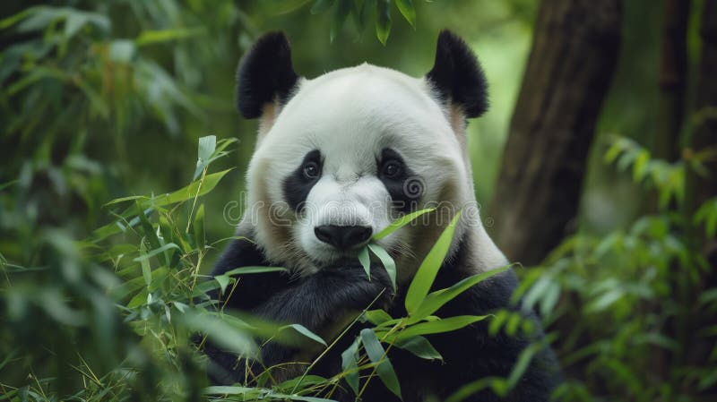 Giant panda in a lush green setting, chewing bamboo, looking directly at the camera illustration by generative ai. Giant panda in a lush green setting, chewing bamboo, looking directly at the camera illustration by generative ai