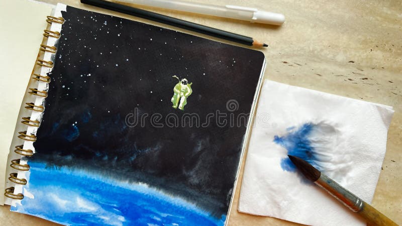 用宇宙和太空人的手绘水彩图的顶视图. 水彩画. 太空和宇航员 库存照片