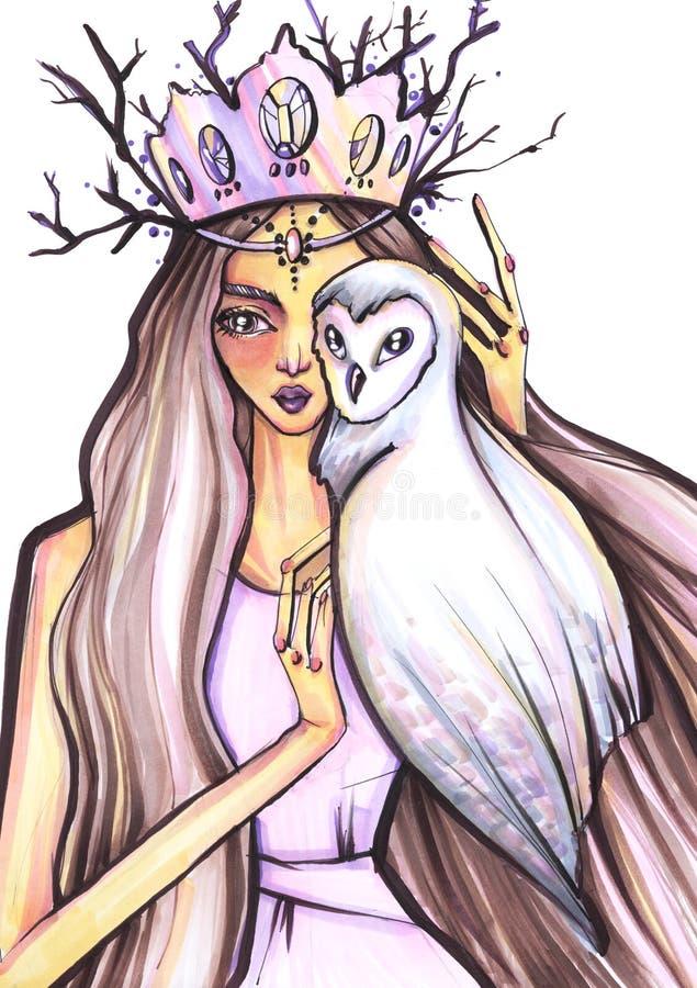 用手画着一个穿着淡紫色裙子的女孩的风格化肖像，画着一个白色的极角鸮，神秘的森林仙子形象