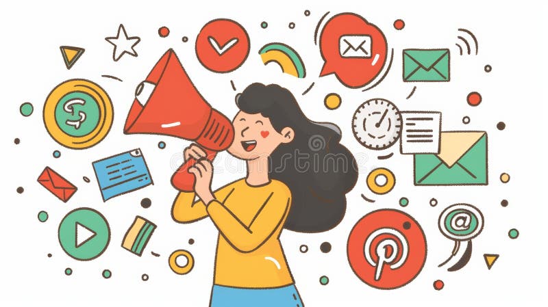 SMM, social media marketing concept with woman holding megaphone and Internet advertising symbols. Doodle illustration with message, magnet, calendar, target, graphs, and email icons.. AI generated. SMM, social media marketing concept with woman holding megaphone and Internet advertising symbols. Doodle illustration with message, magnet, calendar, target, graphs, and email icons.. AI generated