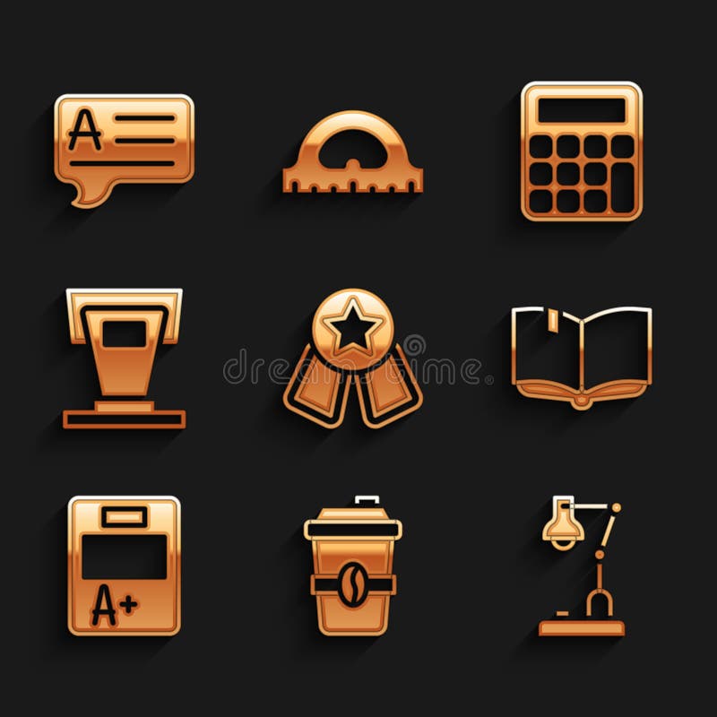 Set Medal with star Coffee cup to go Table lamp Open book Exam sheet A plus grade Stage stand Calculator and Speech bubbles Answer icon. Vector. Set Medal with star Coffee cup to go Table lamp Open book Exam sheet A plus grade Stage stand Calculator and Speech bubbles Answer icon. Vector.